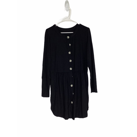Solid Black Long Sleeve Button Down Mini Dress - Picture 1 of 6